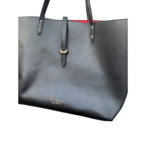Victorias Secret Black Pebble Leather Tote Bag With Red Interior & Gold Accents